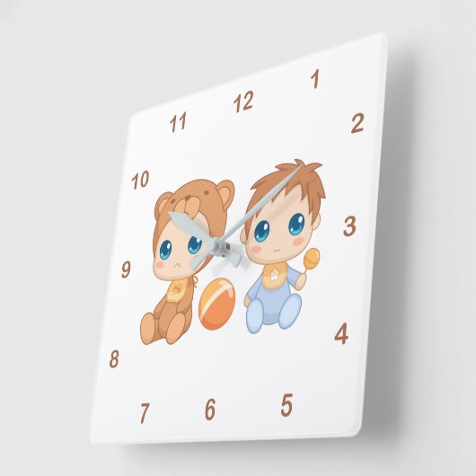 Baby Boy Twins Bear Jumpsuit 2 Quadratische Wanduhr (Winkel)