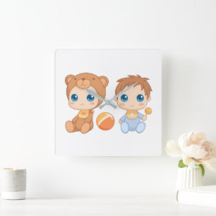 Baby Boy Twins Bear Jumpsuit Quadratische Wanduhr