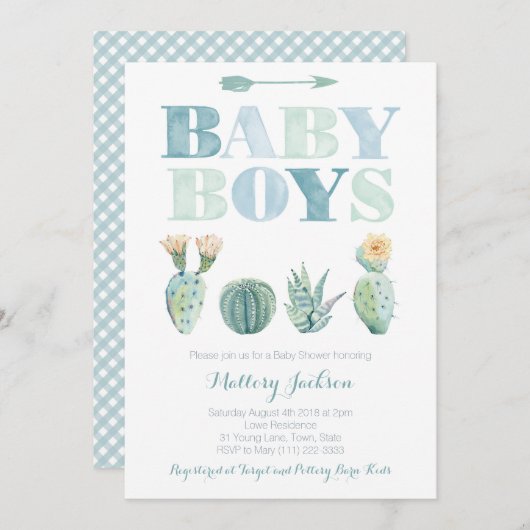 Baby Boy Twins oder Triplets Cactus Baby Shower Einladung (Vorne/Hinten)