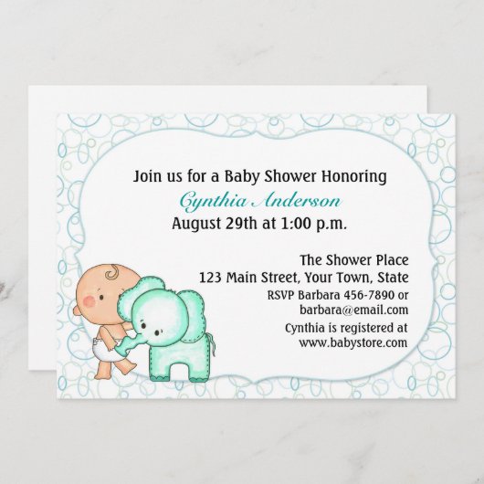 Baby Boy und Elephant Baby Dusche Einladung (Vorne/Hinten)