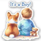 Baby Boy und seine Corgi Puppy Baby Dusche Aufkleber (Vorderseite)