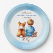 Baby Boy und seine Corgi Puppy Baby Dusche Pappteller (Vorderseite)