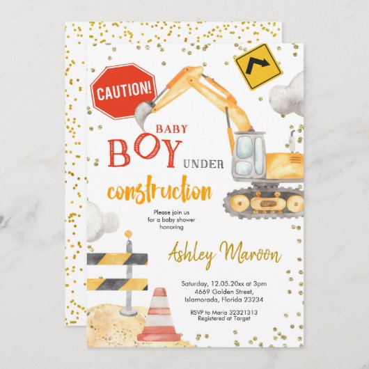 Baby Boy Under Construction Baby Shower Einladung (Vorne/Hinten)