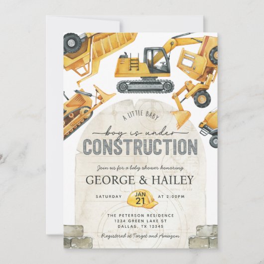 Baby Boy Under Construction Dump Truck Baby Dusche Einladung (Vorderseite)