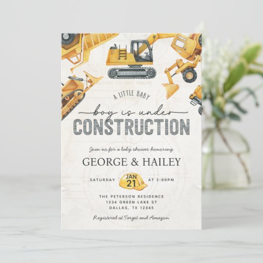 Baby Boy Under Construction Dump Truck Baby Dusche Einladung (Stehend Vorderseite)
