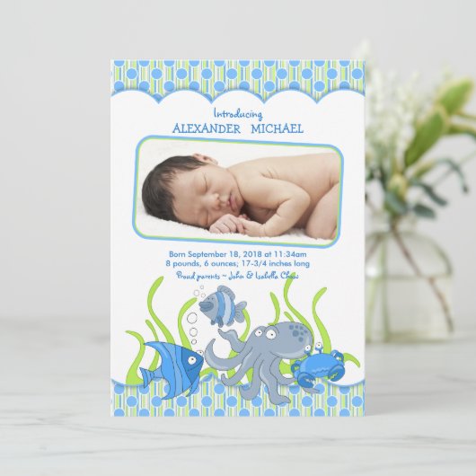 Baby Boy Under Sea Cartoon Geburtserklärung Ankündigung (Stehend Vorderseite)