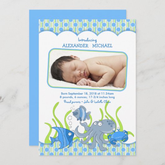 Baby Boy Under Sea Cartoon Geburtserklärung Ankündigung (Vorne/Hinten)