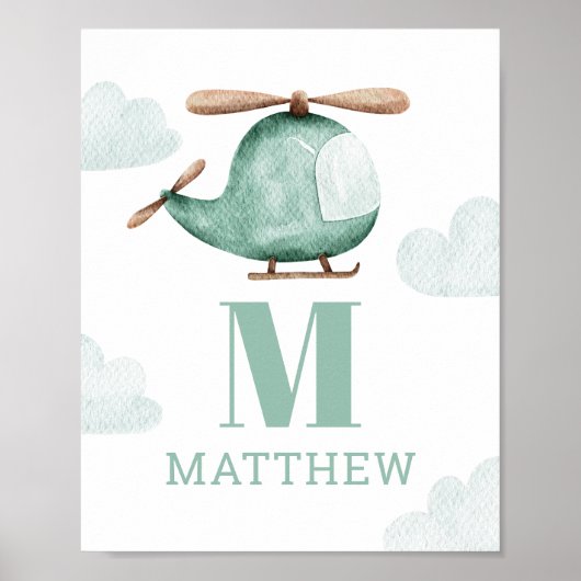 Baby Boy Watercolor Helicopter | Kinderzimmer Mono Poster (Vorne)