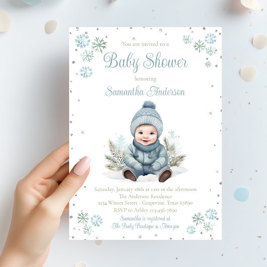 Baby Boy Winter Snowflake Babydusche Einladung
