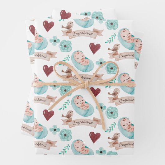 Baby Boy Wrapping Paper Flat Sheet Set 3 Geschenkpapier Set (Beispiel)