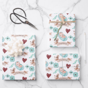 Baby Boy Wrapping Paper Flat Sheet Set 3 Geschenkpapier Set