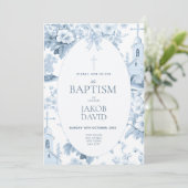 Baby Boys Blue Floral Toile Taufe Einladung (Stehend Vorderseite)