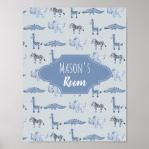 Baby Boy's Blue Watercolor Safari Kinderzimmer Art