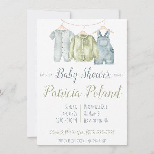 Baby Boy's Clothes auf Clothesline Baby Shower Einladung (Vorderseite)