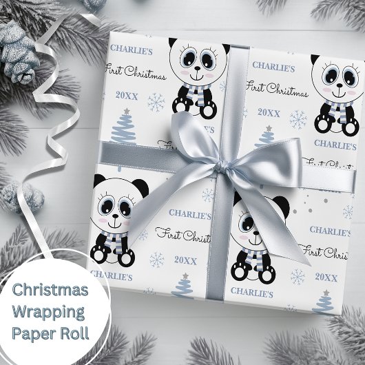 Baby Boys Erster Weihnachts Panda Bear Blue Geschenkpapier