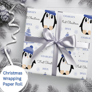 Baby Boys Erster Weihnachts Winter Pinguin Blau Geschenkpapier