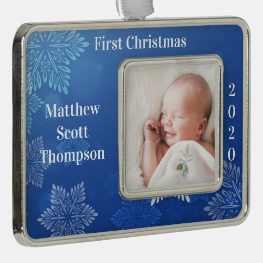 Baby Boy's erstes Weihnachts-Foto Jahr Blau Rahmen-Ornament Silber (Rechts)