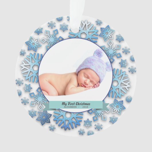 Baby Boys Erstes Weihnachtsfest Foto Schneeflocken Ornament (Vorderseite)