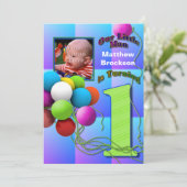 Baby Boy's First Birthday - Balloons Einladung (Stehend Vorderseite)