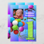 Baby Boy's First Birthday - Balloons Einladung (Vorne/Hinten)