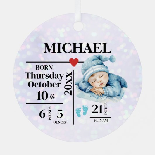 Baby Boy's First Christmas Birth Stats & Foto Ornament Aus Metall (Rückseite)