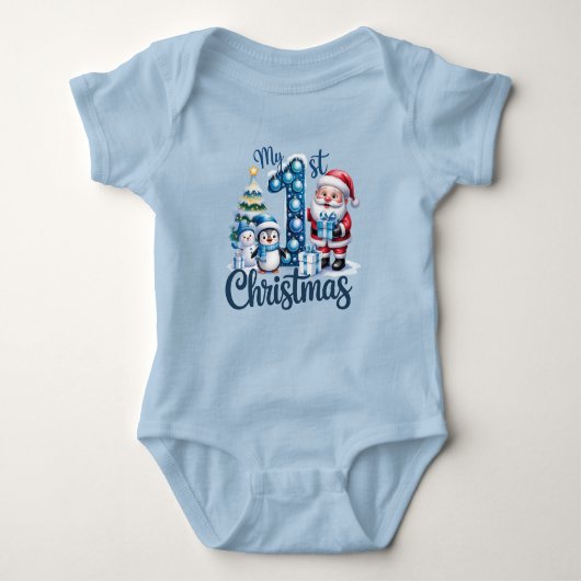 Baby Boy's First Christmas Blue Baby Strampler (Vorderseite)