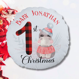 Baby Boy's First Christmas Niedlich Hippo Name Rundes Kissen
