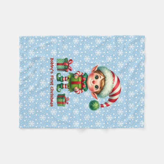 Baby Boy's First Christmas Personalize Name Blue Fleecedecke (Vorderseite (Horizontal))