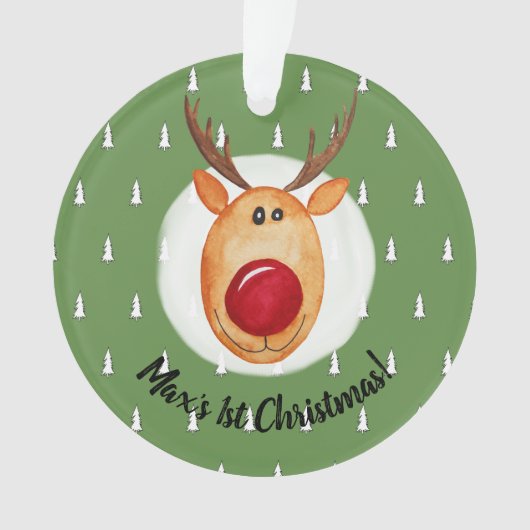 Baby Boy's First Christmas Rudolph Tree mit Namen Ornament (Vorderseite)