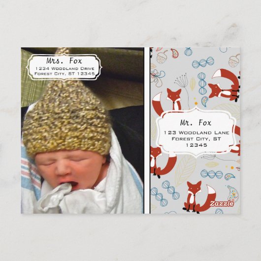 Baby Boy's Foto Fox Woodland Birth Record Stats Postkarte (Rückseite)