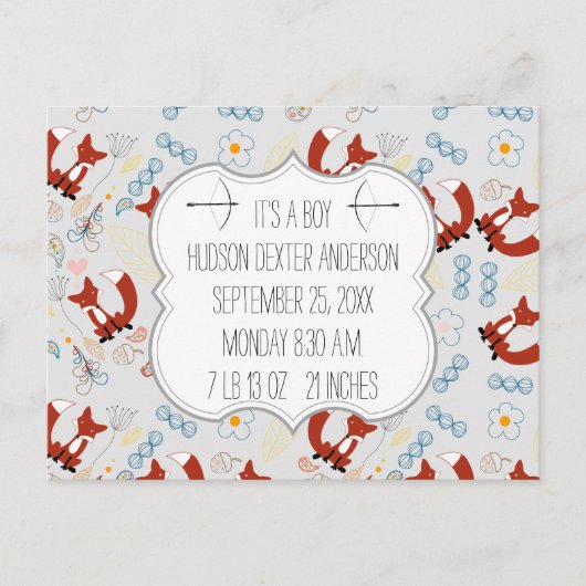 Baby Boy's Foto Fox Woodland Birth Record Stats Postkarte (Vorderseite)