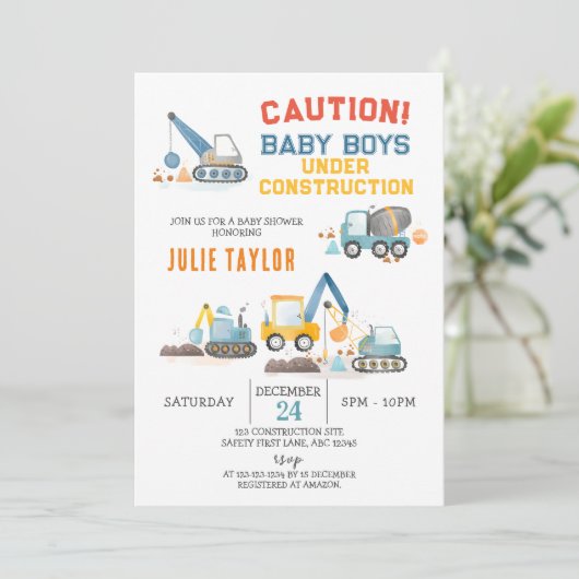 Baby Boys im Bau, Twins Baby Dusche Einladung (Stehend Vorderseite)