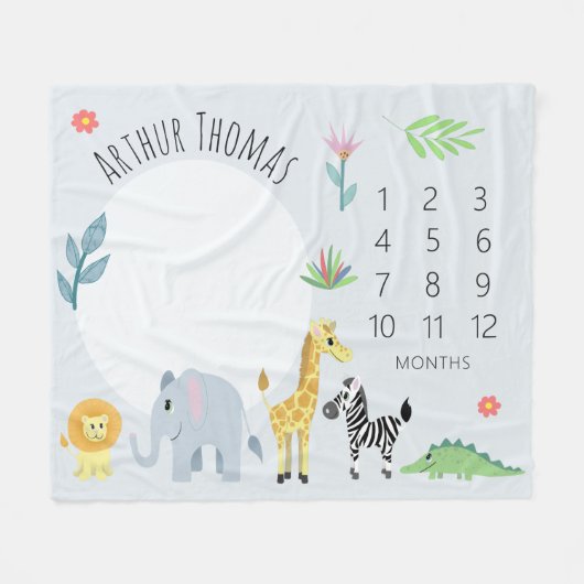 Baby Boys Niedlich Blue Jungle Safari Milestone Fleecedecke (Vorderseite (Horizontal))