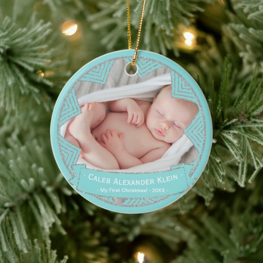 Baby Boys Powder Blue Personalisiertes Weihnachtsf Keramikornament (Baum)