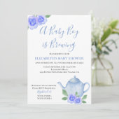 Baby Braut Blue Teapot Boy Baby Dusche Einladung (Stehend Vorderseite)
