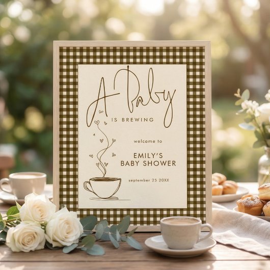 Baby Brewing Coffee Gingham Welcome Baby Shower  Poster