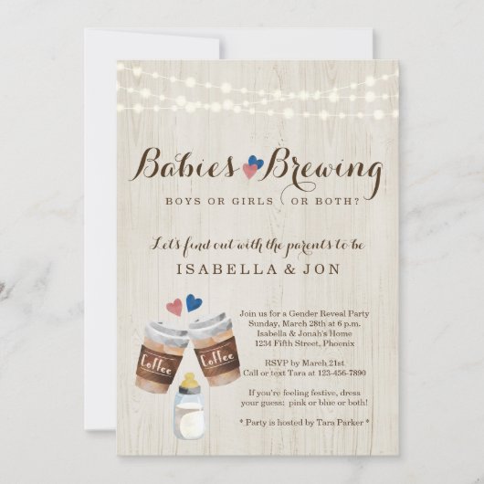 Baby Brewing Coffee Twins Gender Reveal Party Einladung (Vorderseite)