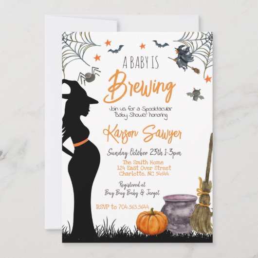 Baby Brewing Halloween Baby Shower Einladung (Vorderseite)