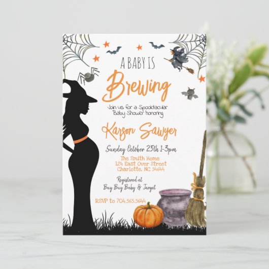 Baby Brewing Halloween Baby Shower Einladung (Stehend Vorderseite)