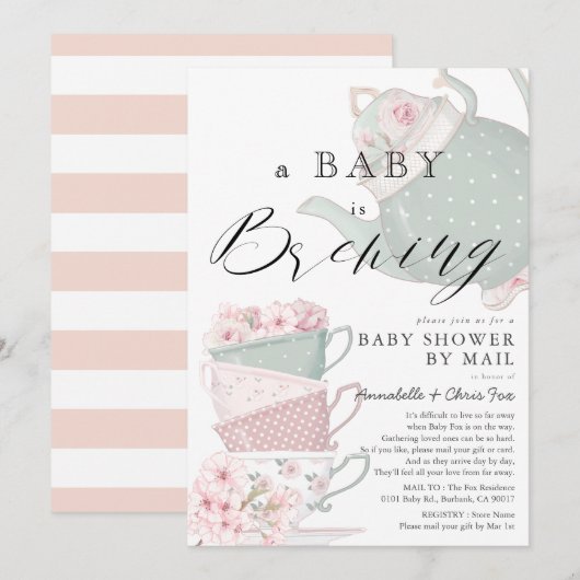Baby Brewing Pink Tee Party Baby Shower by Mail Einladung (Vorne/Hinten)
