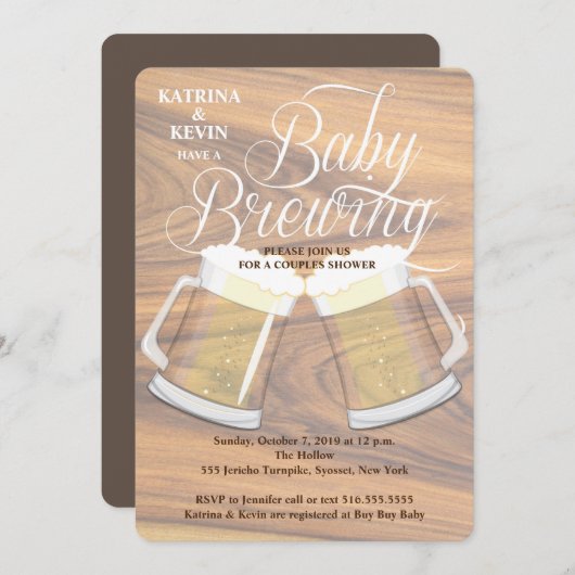Baby Brewing Wood Rustic Beer Tasse Babydusche Einladung (Vorne/Hinten)