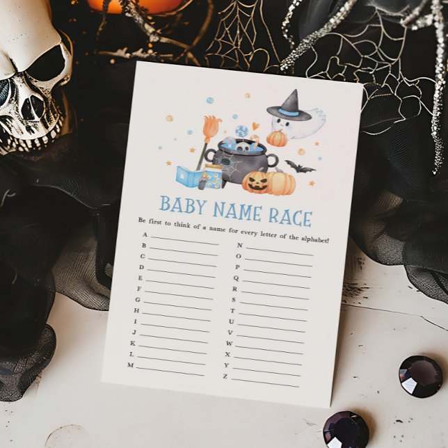 Baby bricht Blue Halloween Baby Name Race Game (Baby is Brewing Baby Shower Baby Name Race Game)
