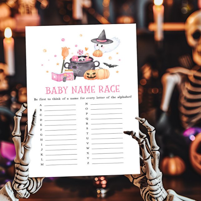 Baby bricht Pink Halloween Baby Name Race Game (Baby is Brewing Baby Shower Baby Name Race Game)