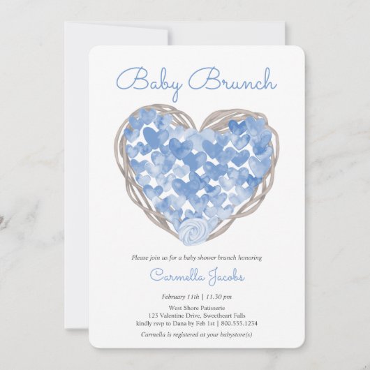 Baby Brunch Blue Hearts Rustic Baby Shower Einladung (Vorderseite)