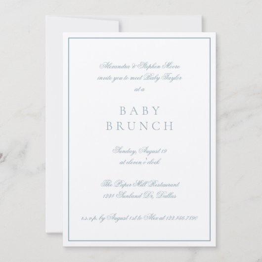 Baby Brunch Elegant Formal Calligraphy Blue Einladung (Vorderseite)