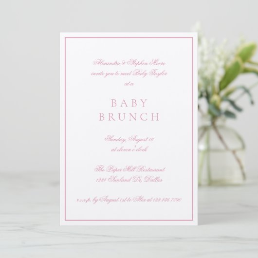 Baby Brunch Elegant Formal Calligraphy Pink Einladung (Stehend Vorderseite)