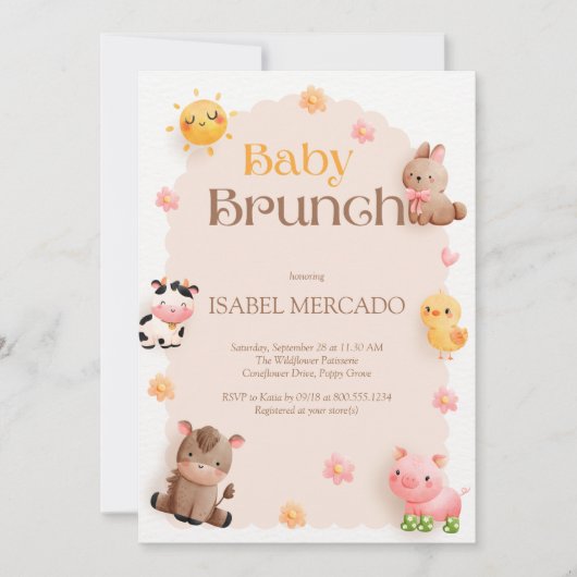 Baby Brunch Farm Animals Babydusche Einladung (Vorderseite)