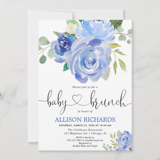 Baby Brunch Junge Dusche blau blühende Wasserfarbe Einladung (Vorderseite)