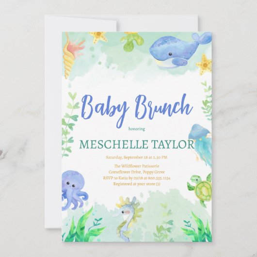 Baby Brunch unter der Blue Green Baby Dusche Einladung (Vorderseite)