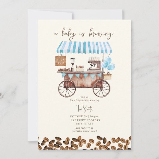 Baby brütet Blue Coffee Cart Boy Baby Dusche Einladung (Vorderseite)